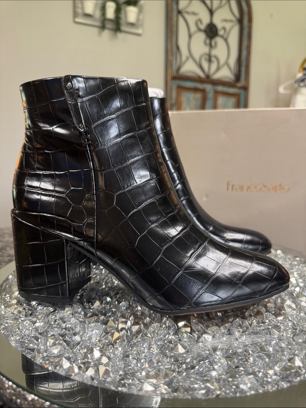 Franco Sarto Black Croc-Embossed Ankle Booties with Block Heel NEW 8.5
